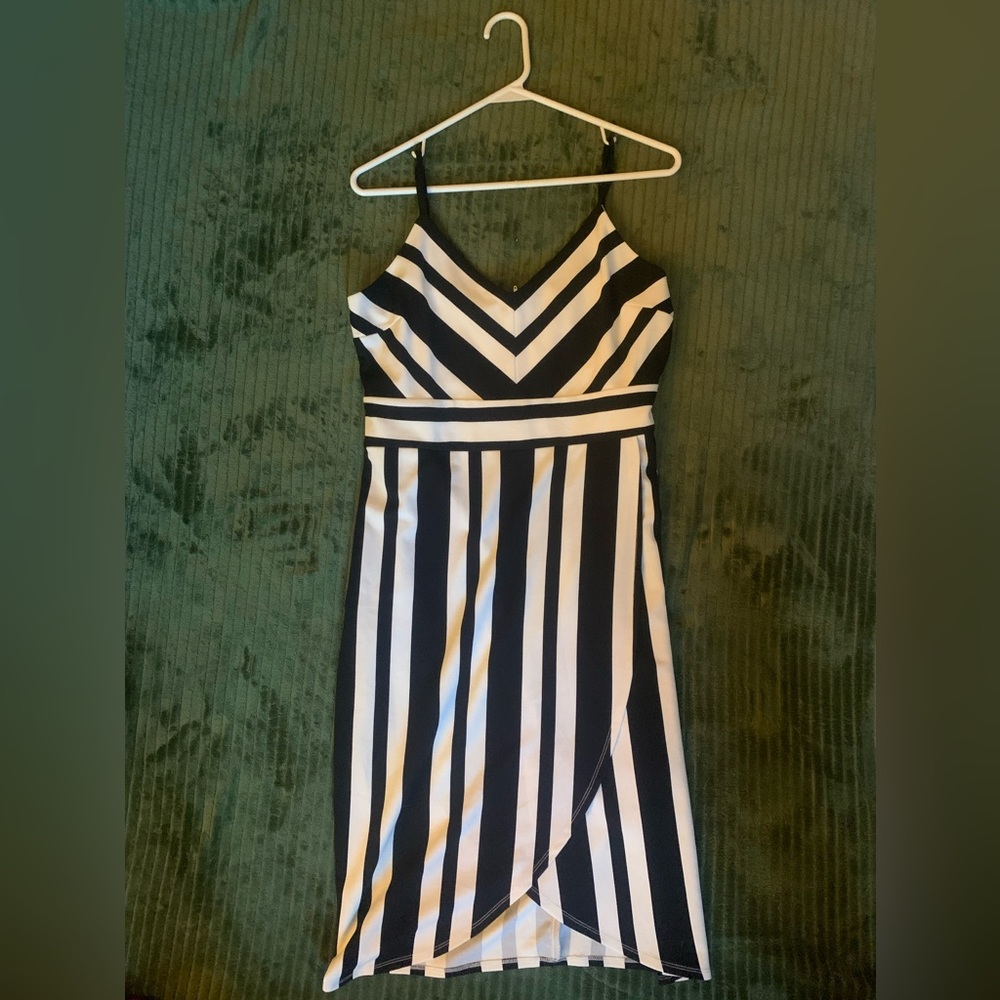 Premier Amour dress, black and white stripes, size 14.